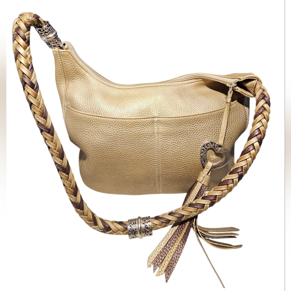 Brighton Barbados Ziptop Hobo Metallic Gold Pebbled Leather Braided Shoulder Bag